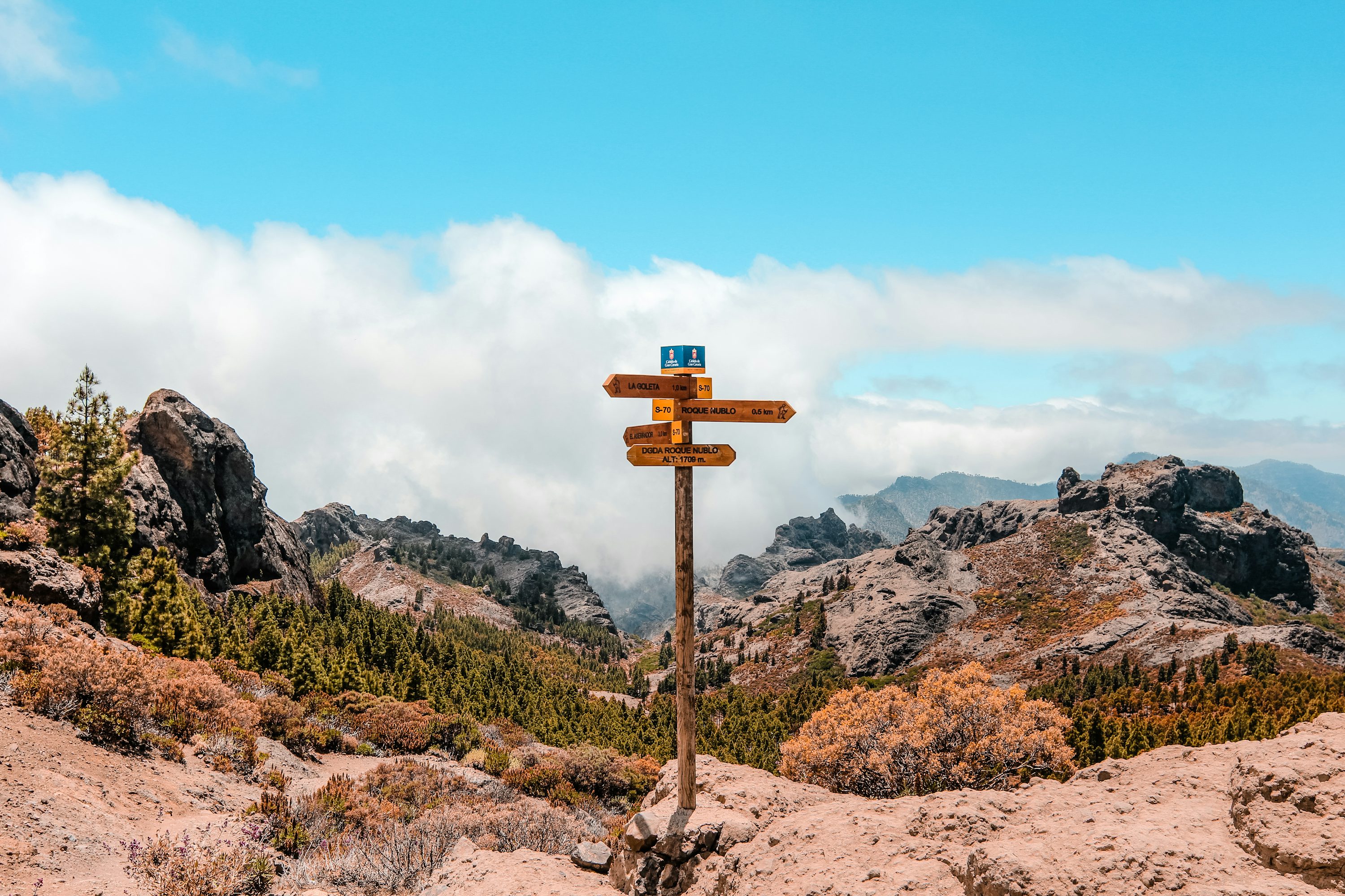 Cartel señalizador del Roque Nublo en Gran Canaria, punto de paso de la sortida en bici de carretera Gran Canaria Peaks